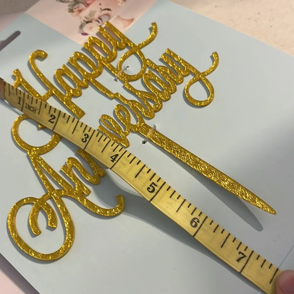 NIB Acrylic “Happy Anniversary” Glittery Gold Cake Topper
